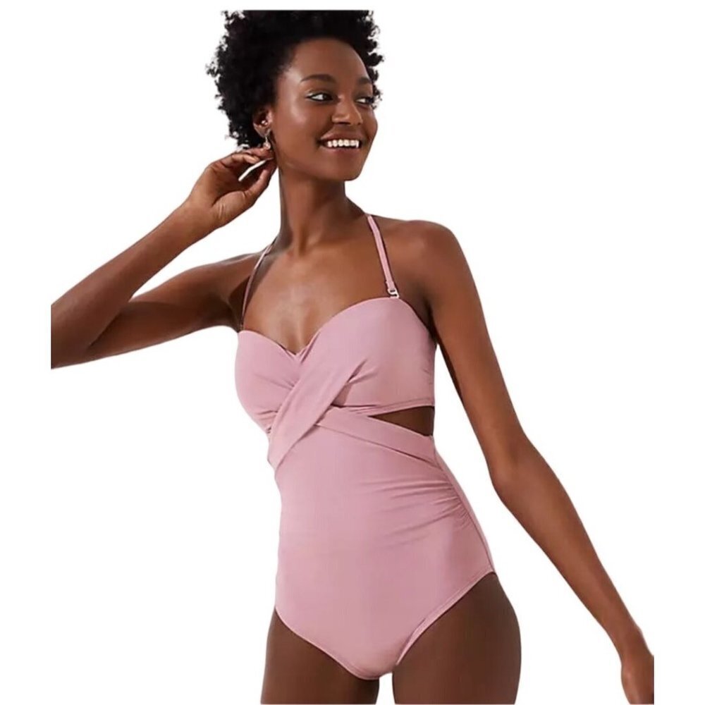 Loft One Piece Bathing Suit‎ XS Beach Strapless Cutout Tie Tummy Control Pink